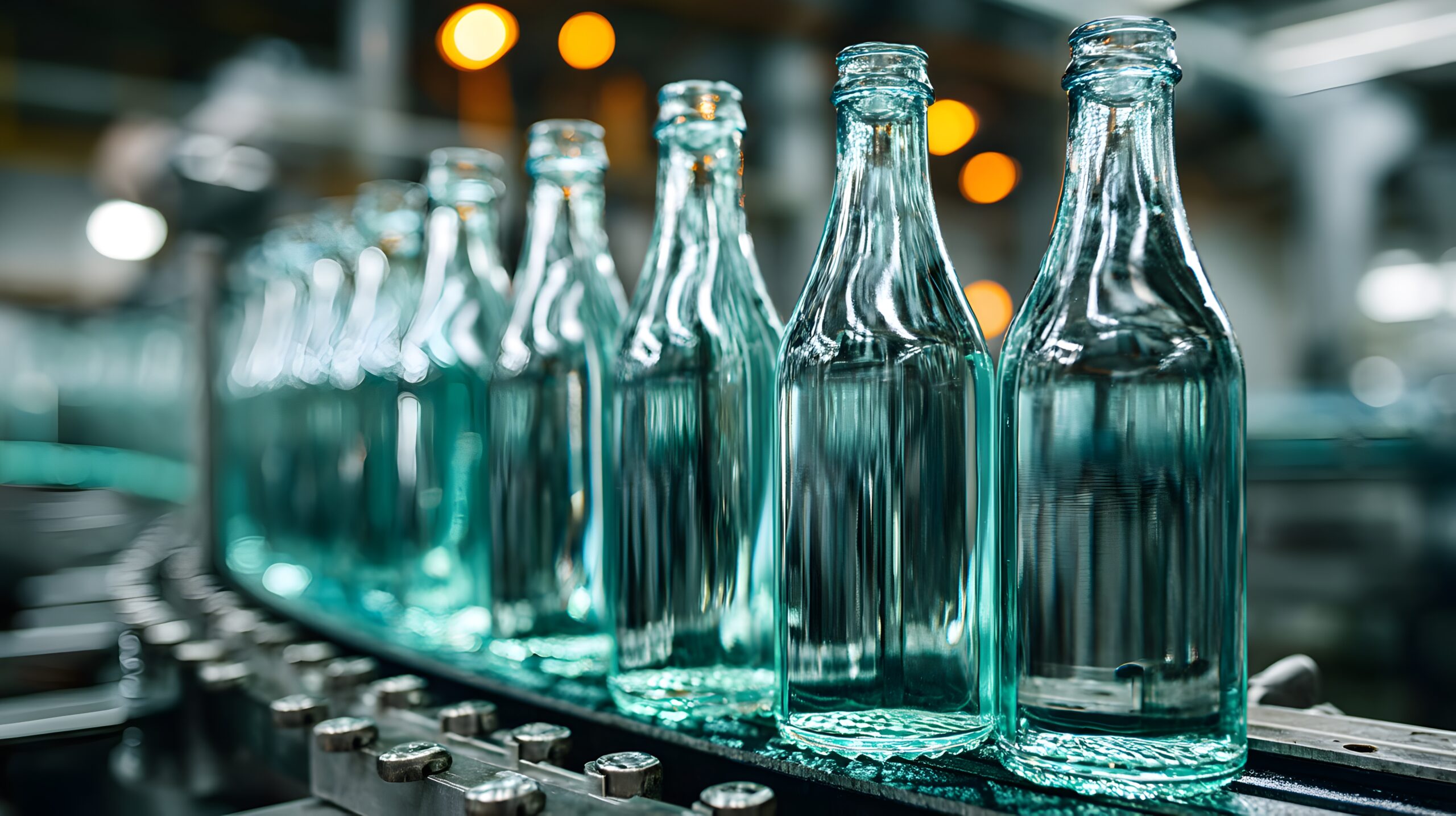 Reihe leerer Glasflaschen auf Laufband einer Fabrik