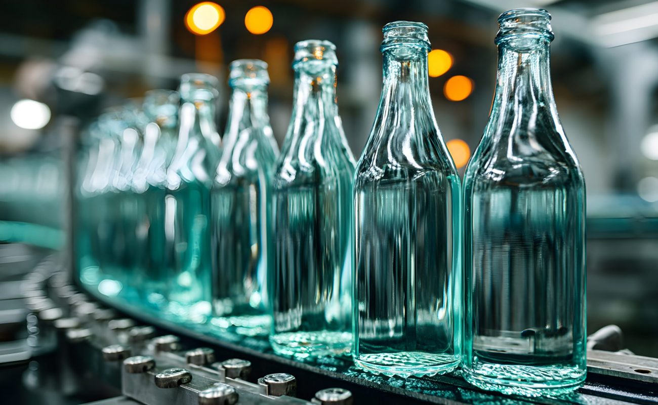 Reihe leerer Glasflaschen auf Laufband einer Fabrik